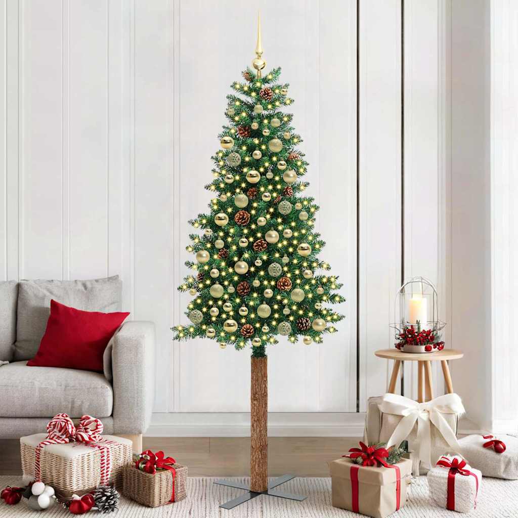 Slim Christmas Tree Green 210 cm PVC and Solid Pine wood